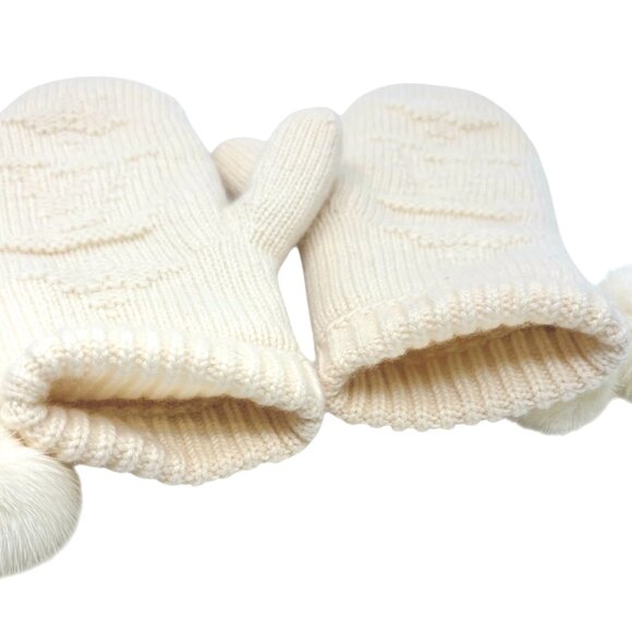 LOUIS VUITTON Vintage Cashmere Knit Gloves Mittens Mink Pompons Cream [106053] - Picture 7 of 13